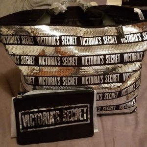 Silver sequined and Black Victoria's Secret Bag